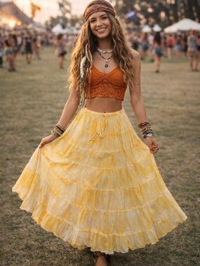 Boho Tiered Tie Dye Yellow Maxi Gauzy Cotton Skirt - Lightweight Festival Skirt